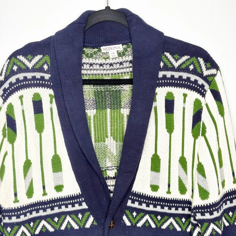 Merona Blue Oars Nautical Fair Isle Cardigan Sweater Mens Size L Cotton‎ Classic